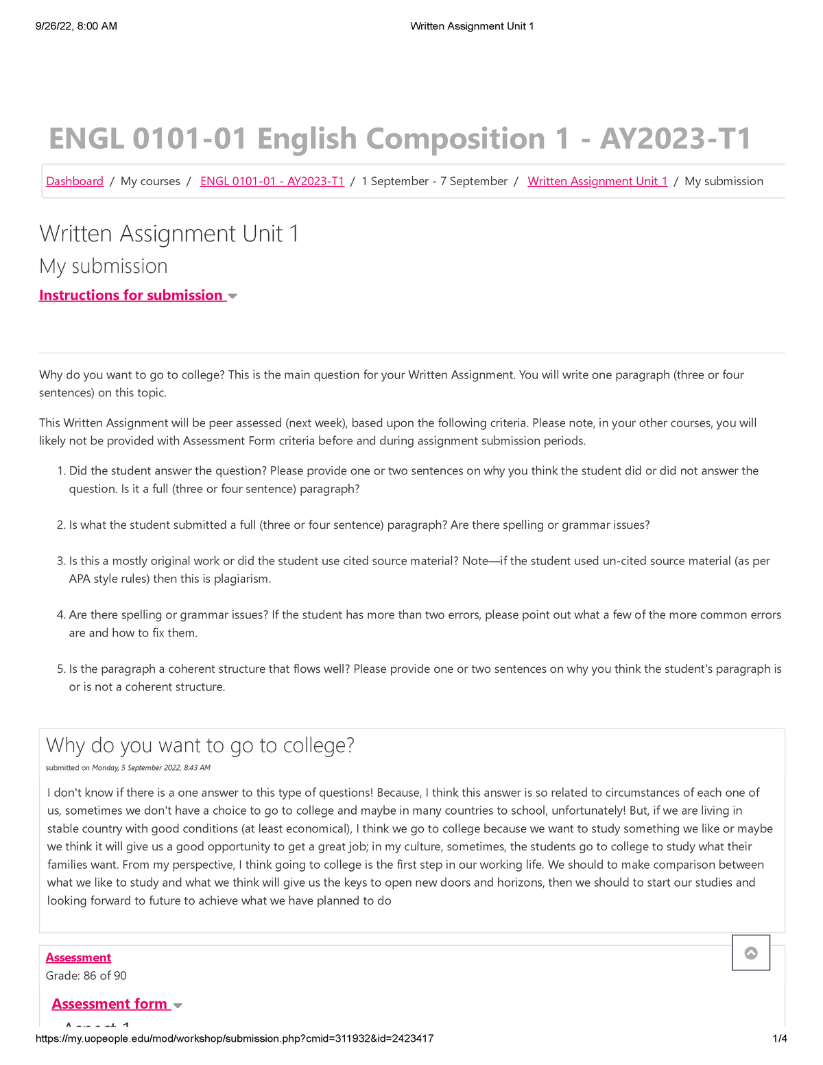 Written Assignment Unit 1 - ENGL 0101-01 English Composition 1 - AY2023 ...