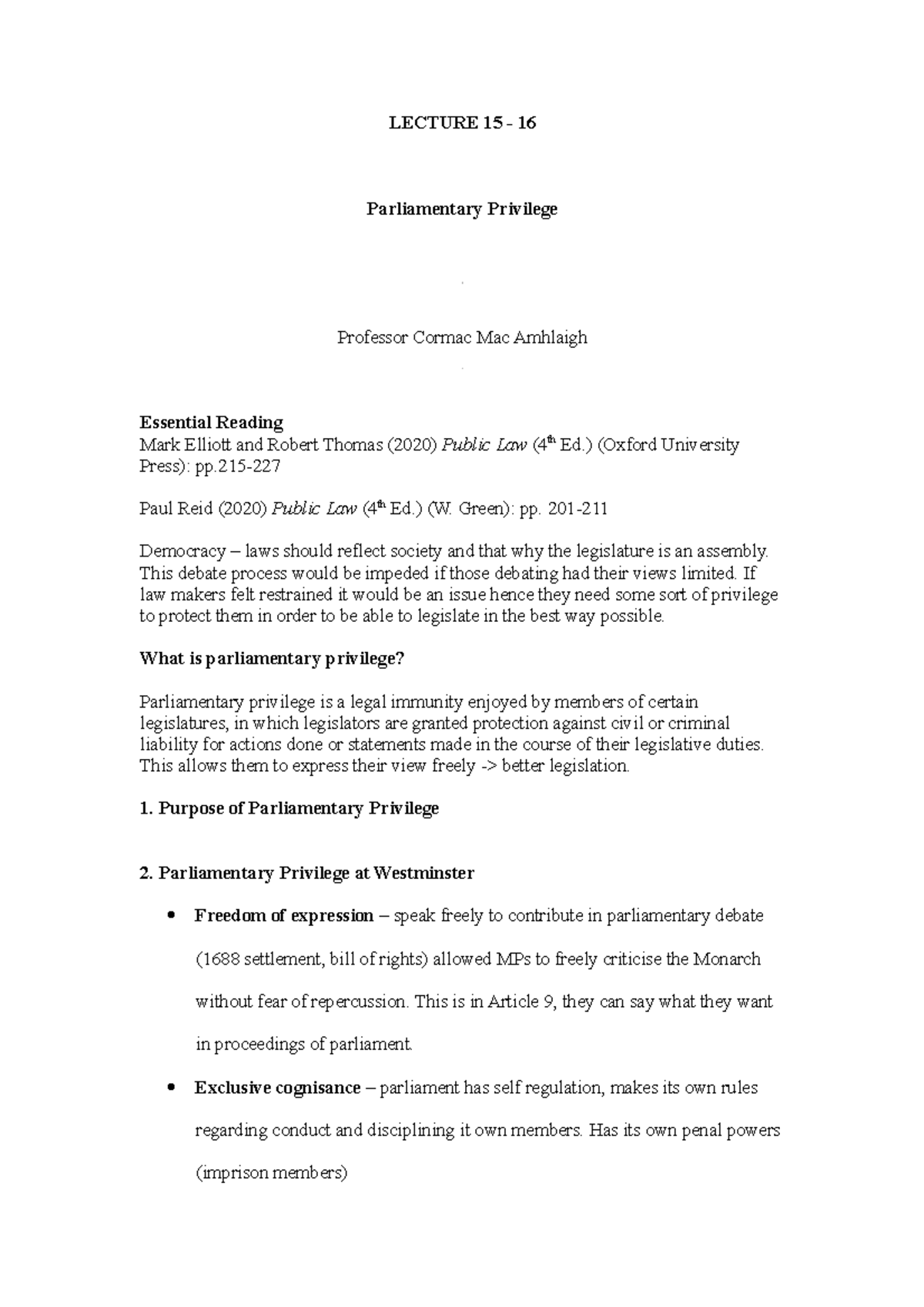 Lecture 15-16 LH copy - LECTURE 15 - 16 Parliamentary Privilege ...