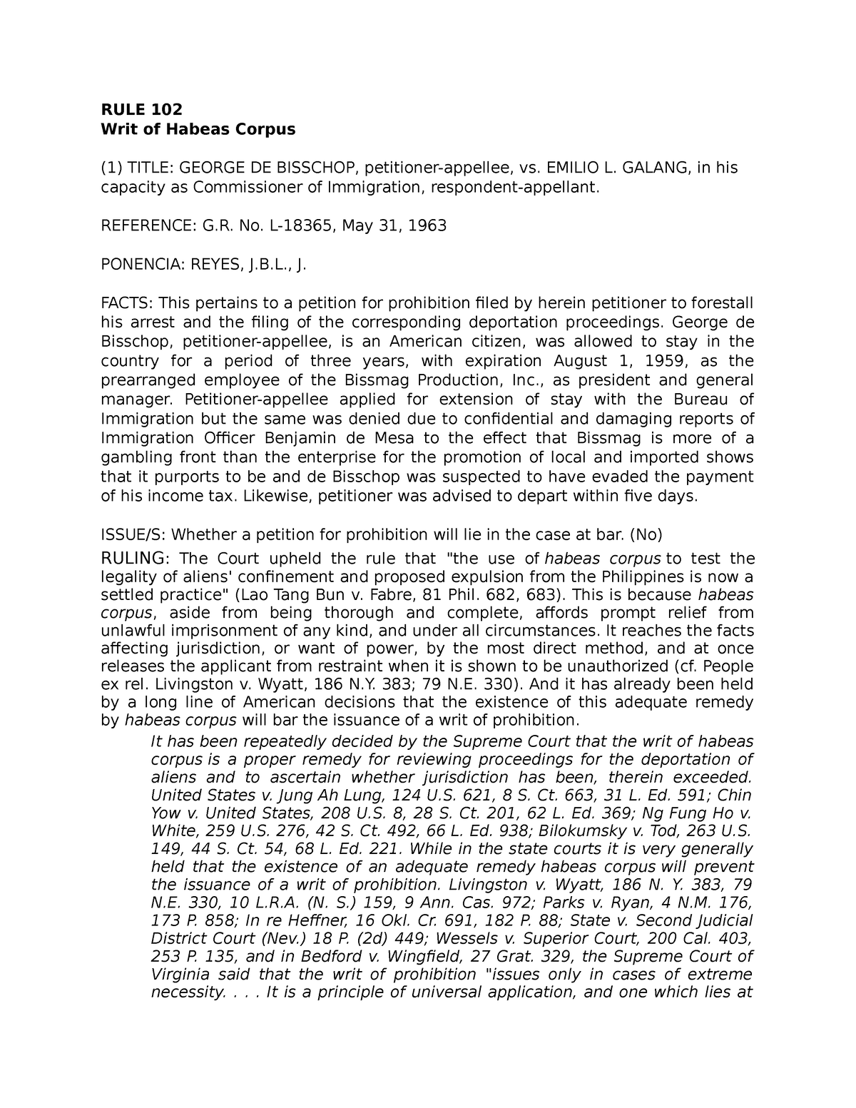 CASE DIGESTS ON WRIT OF HABEAS CORPUS RULE 102 Writ of Habeas Corpus