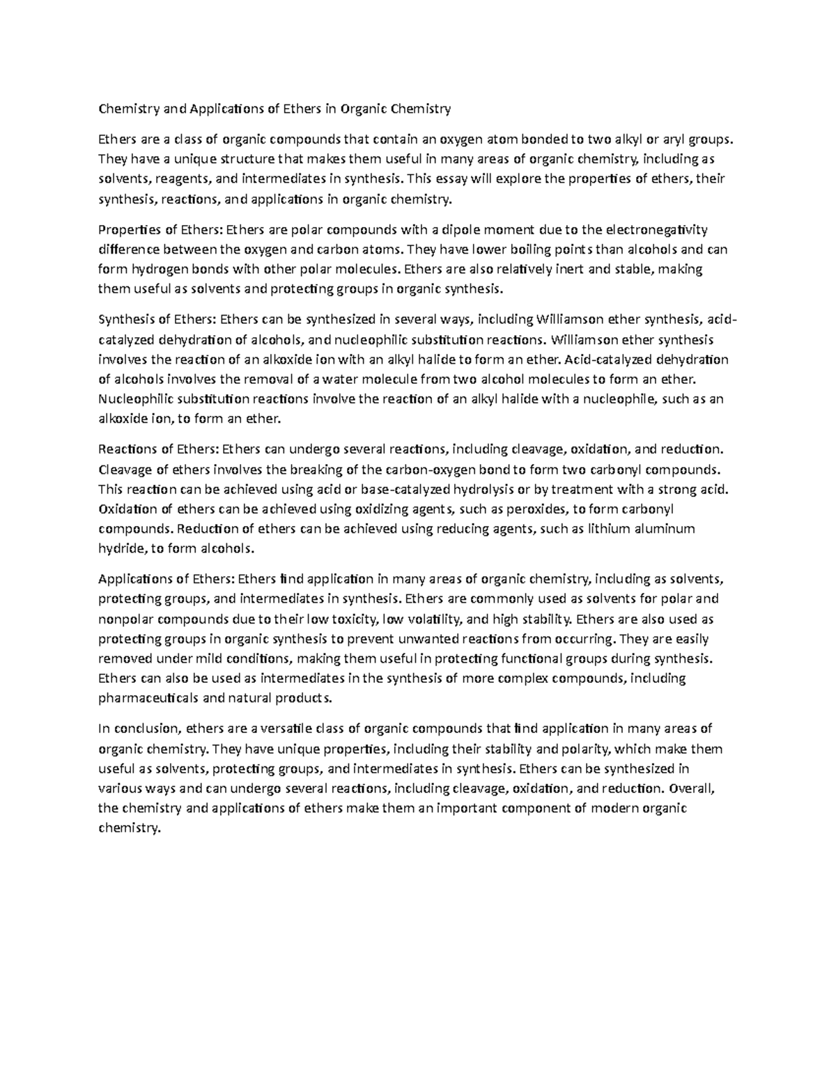 Chemistry and Applications of Ethers in Organic Chemistry - They have a ...