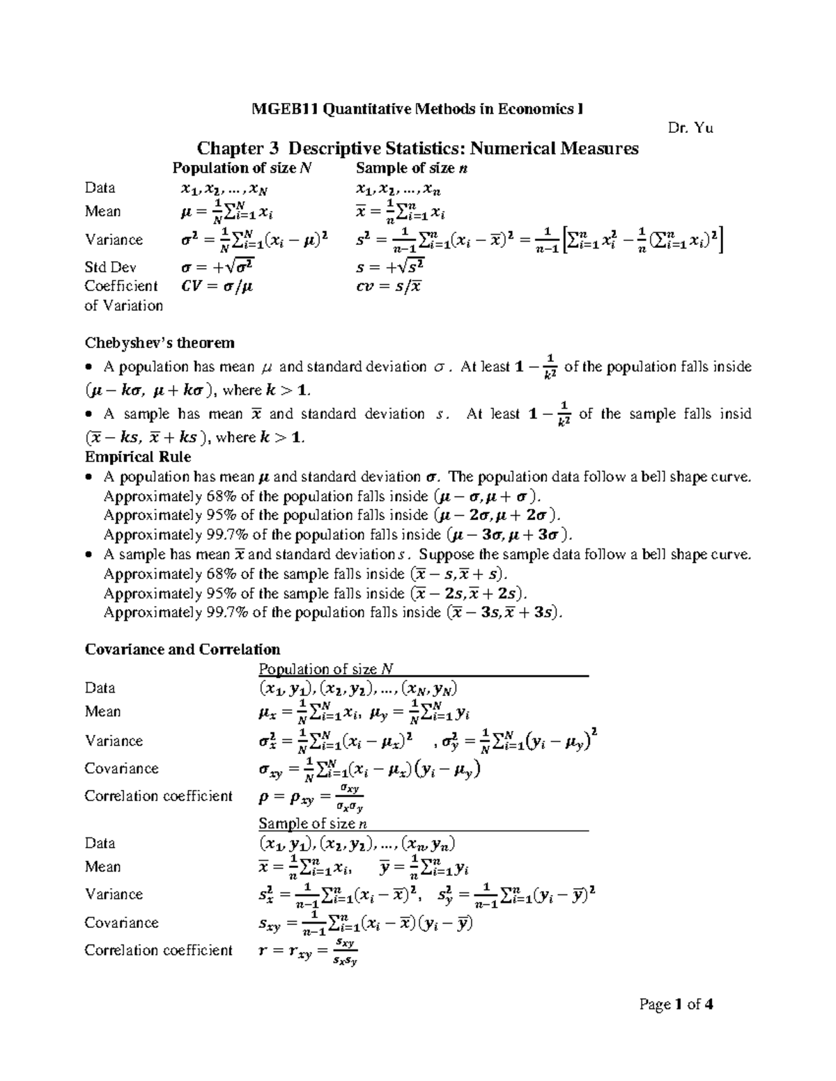 Formula Sheet - MGEB1 1 Quantitative Methods in Economics I Dr. Yu ...