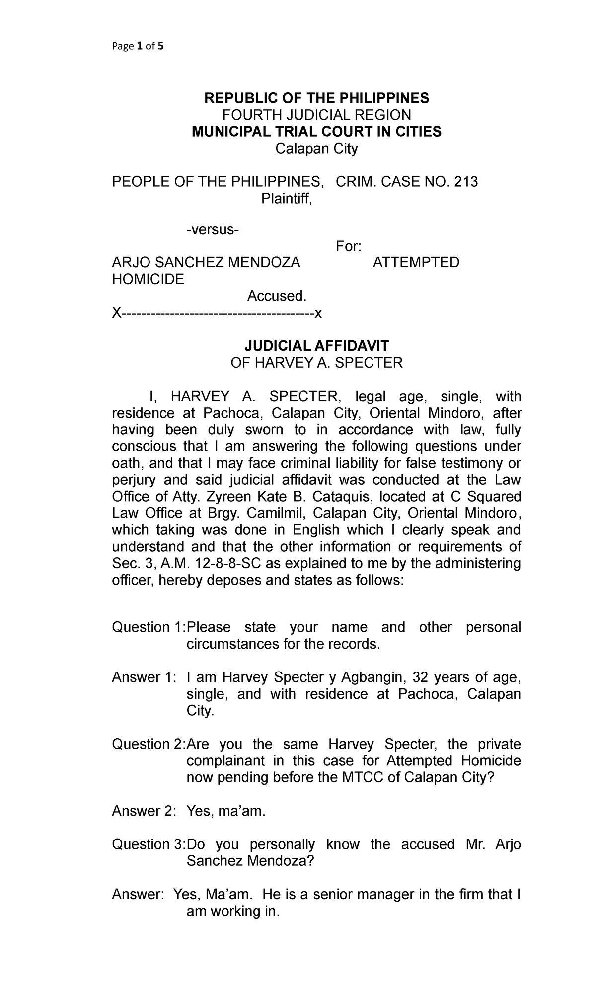 Judicial Affidavit Criminal Case Republic Of The Philippines Fourth Judicial Region 9774