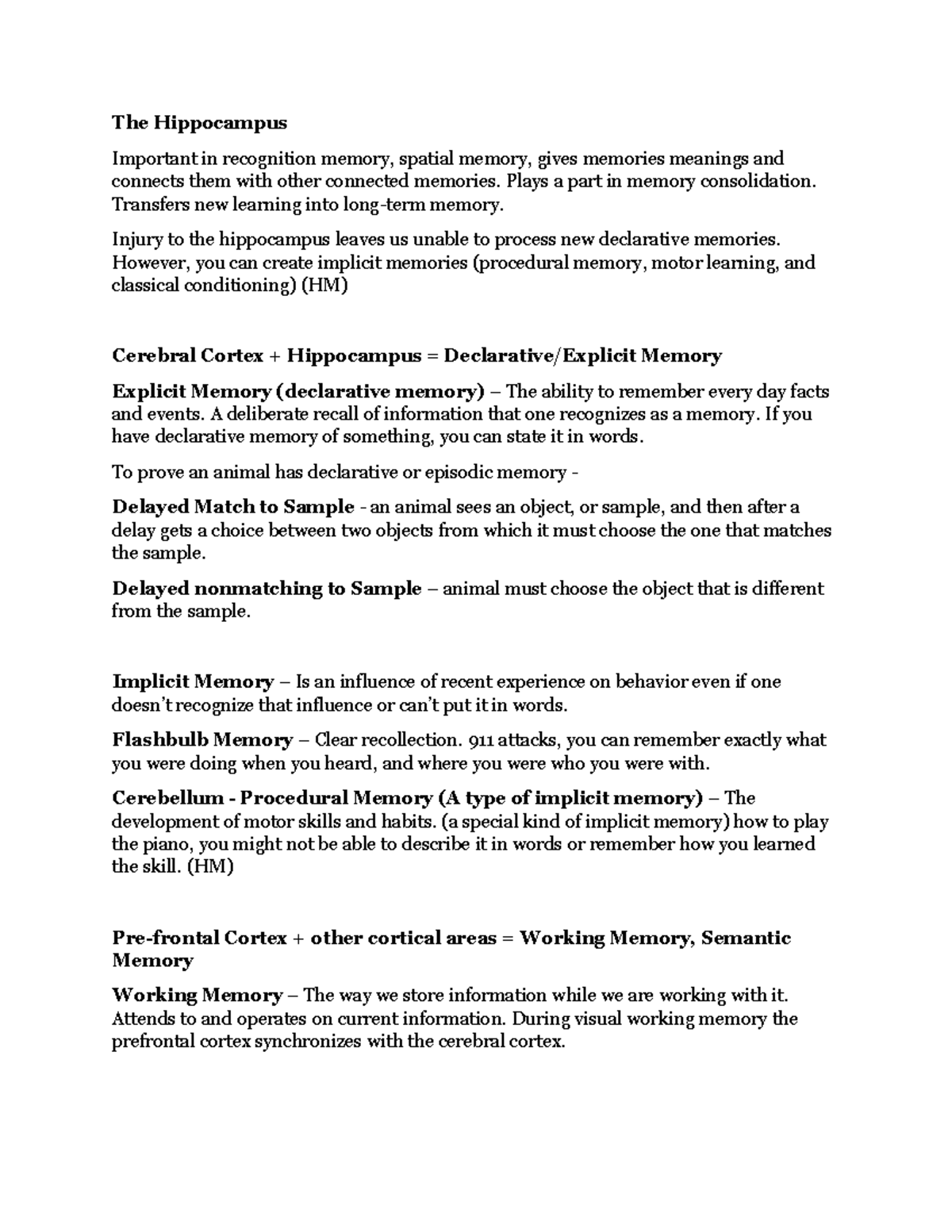 Psy 232 learning and memory notes - The Hippocampus Important in ...