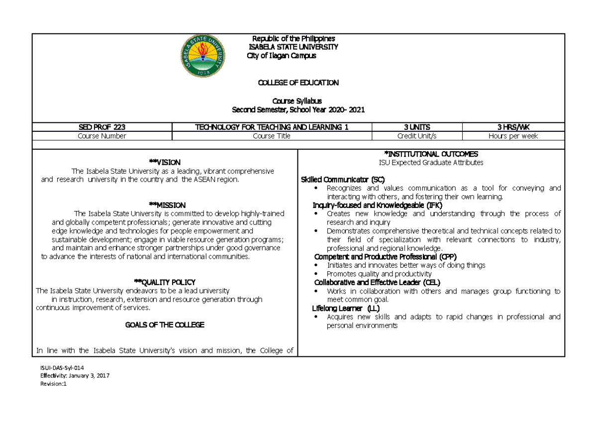 Technology for Teaching and Learing 1 Syllabus - Republic of the ...