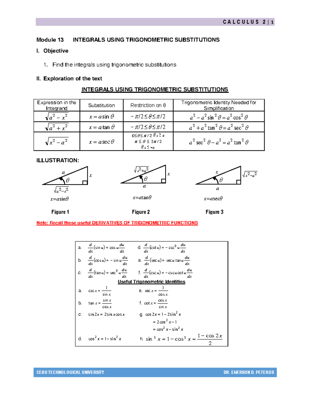 Module 13-Integrals Using Trigonometric Substitutionsdf - Module 1 3 ...