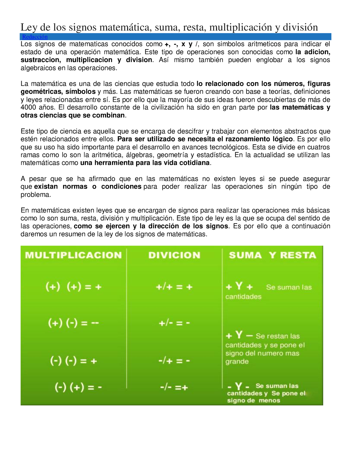 Ley de los signos matematica suma resta multiplicacion y division - Ley