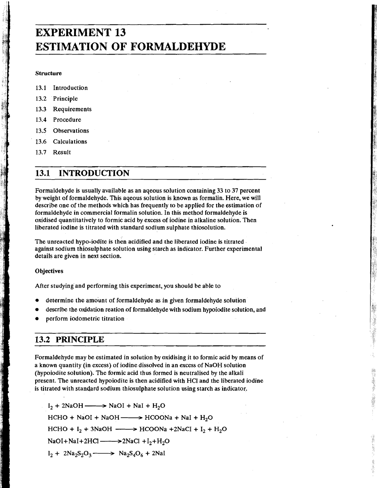 Titration of formaldehyde - EXPERIMENT 13 ESTIMATION OF FORMALDEHYDE ...
