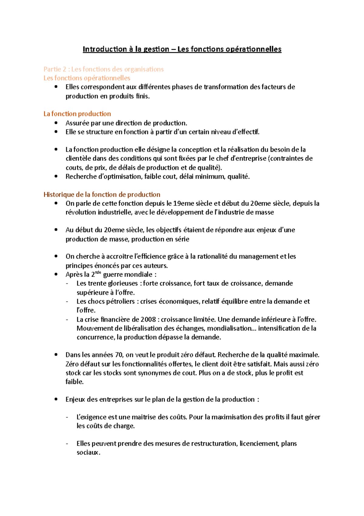 Introduction à La Gestion Les Fonctions Opérationnelles Synthèse Introduction à La Gestion Les Fonctions Opérationnelles Synthèse