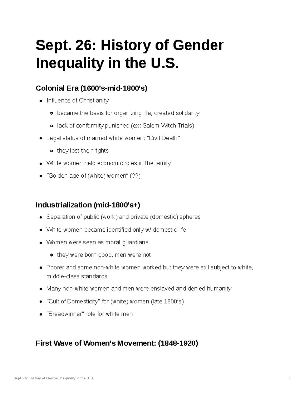 Week 2 History Of Gender Inequality Sept. 26 History of Gender