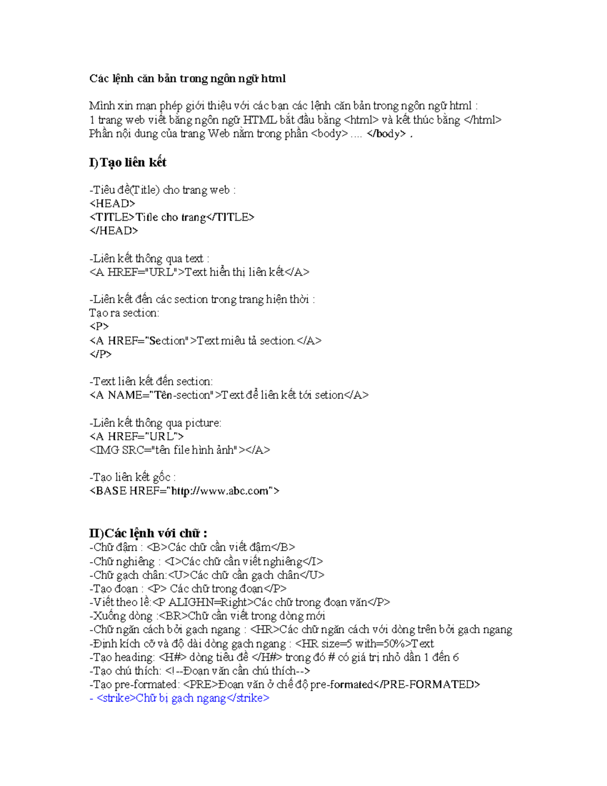 Cac lenh can ban trong html c c l nh c n b n trong ng n ng html m nh