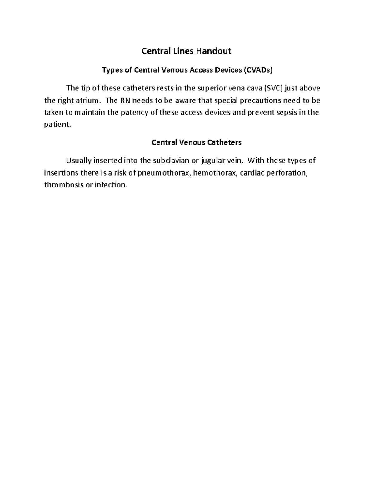 NUR218 Central Lines Handout1 Central Lines Handout Types of Central