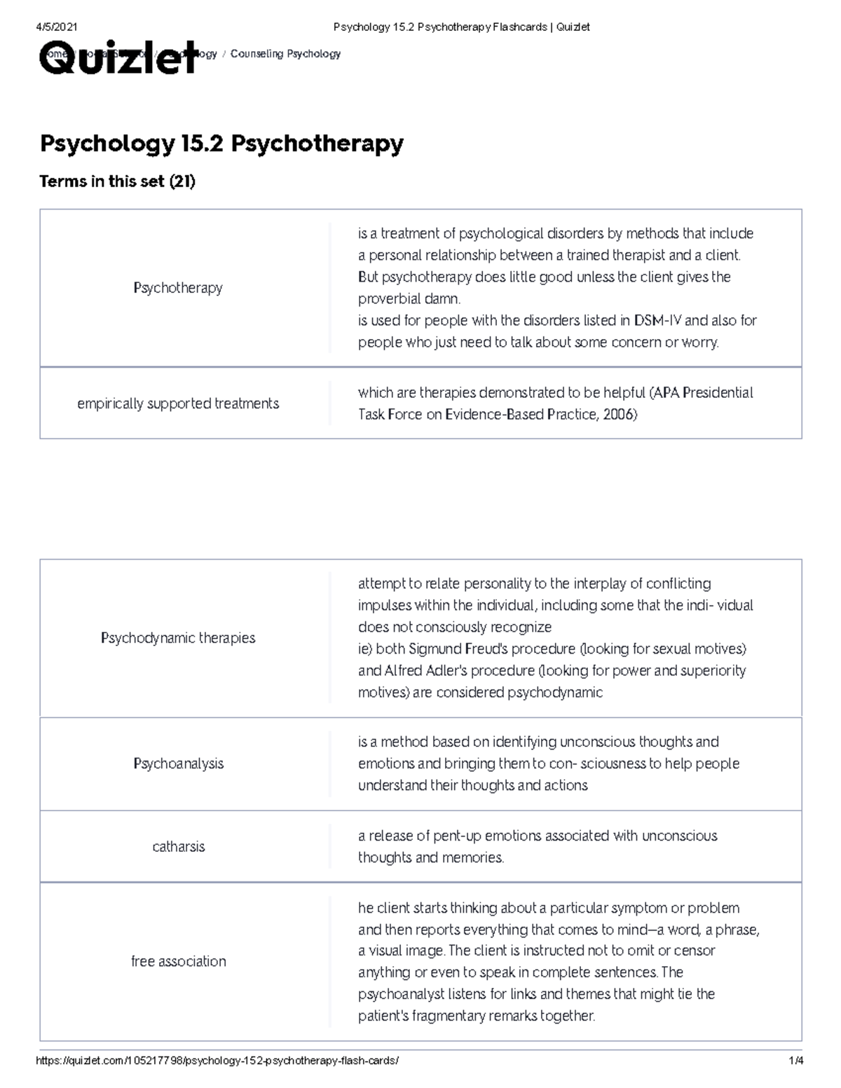 Psychology 15.2 Psychotherapy Flashcards Quizlet Psychology 15