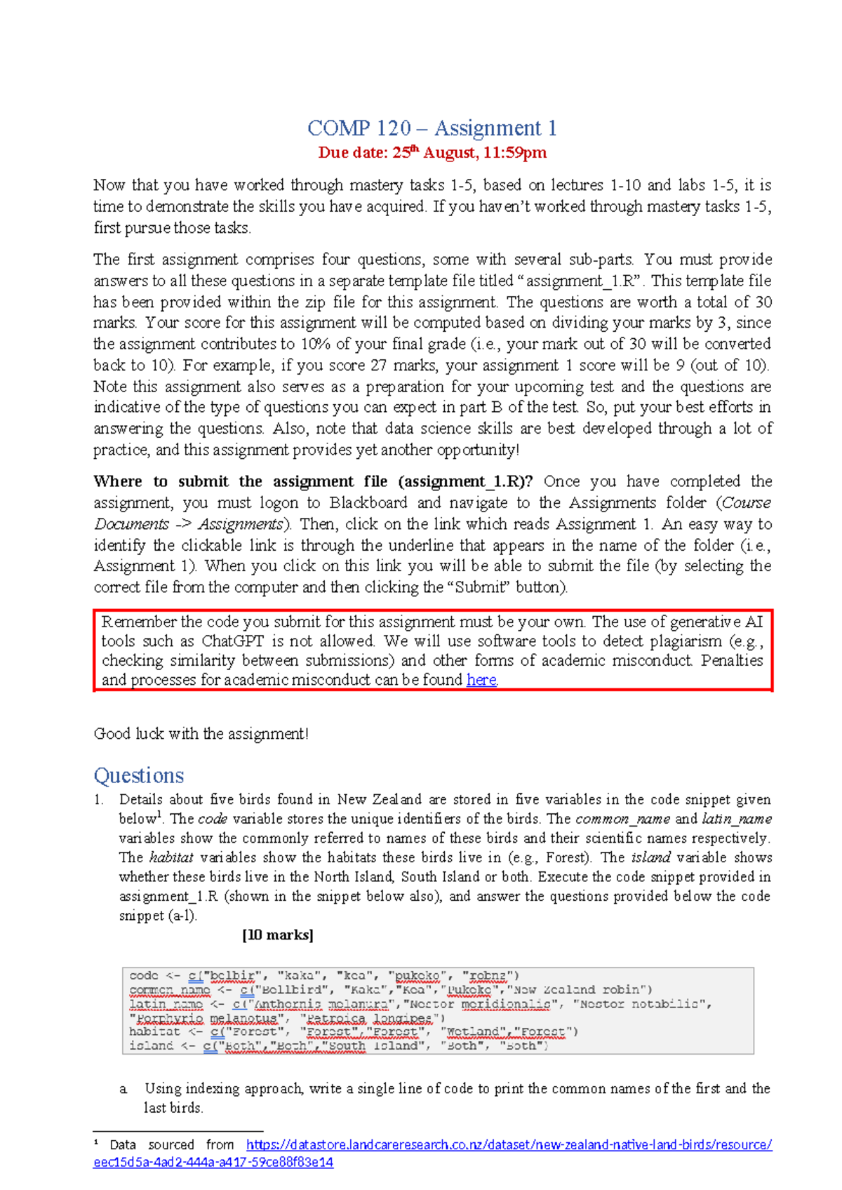Assignment 1 pdf - COMP 120 – Assignment 1 Due date: 25th August, 11 ...