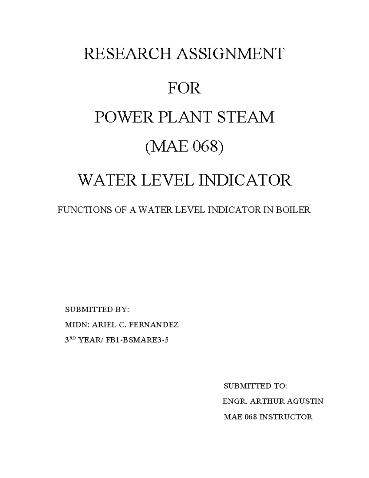 Research Assign MAE 068 - RESEARCH ASSIGNMENT FOR POWER PLANT STEAM ...