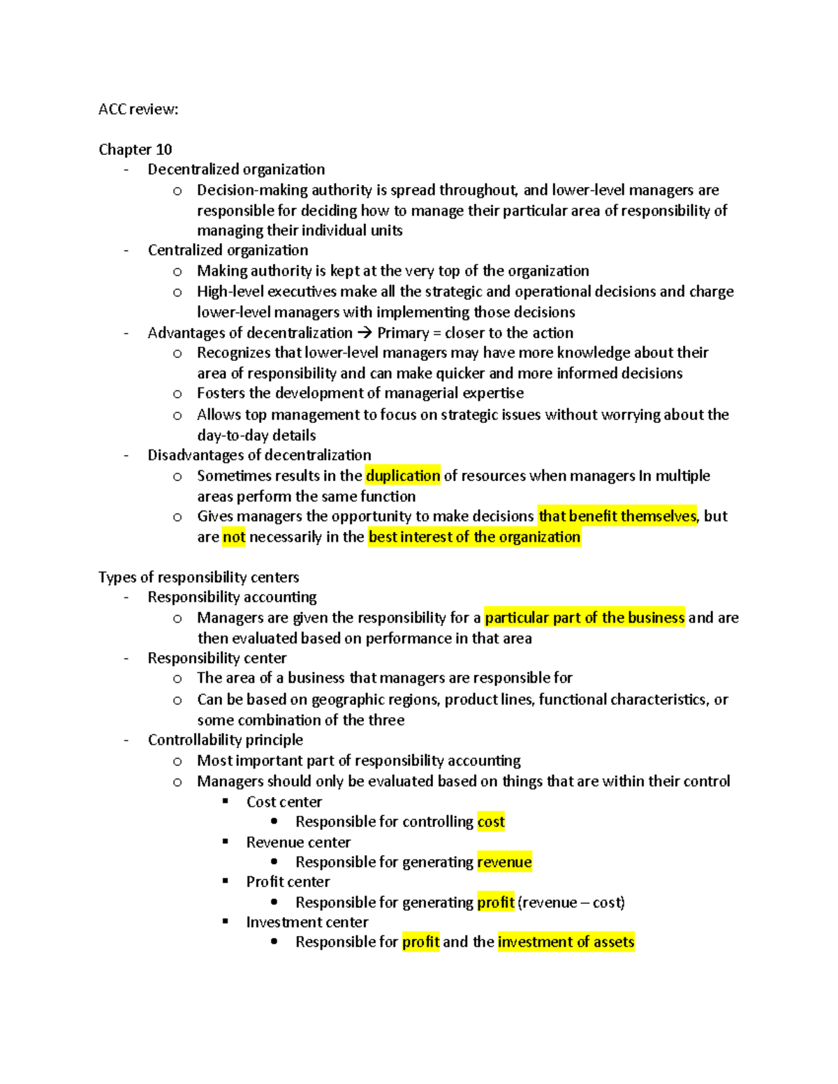 ACC review chapter 9,10 - ACC review: Chapter 10 - Decentralized ...