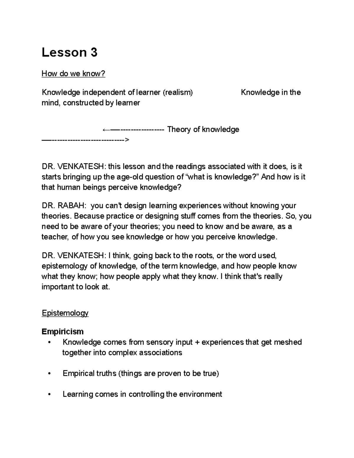 Lesson 3 EDUC307 - LECTURE NOTES - Lesson 3 How do we know? Knowledge ...