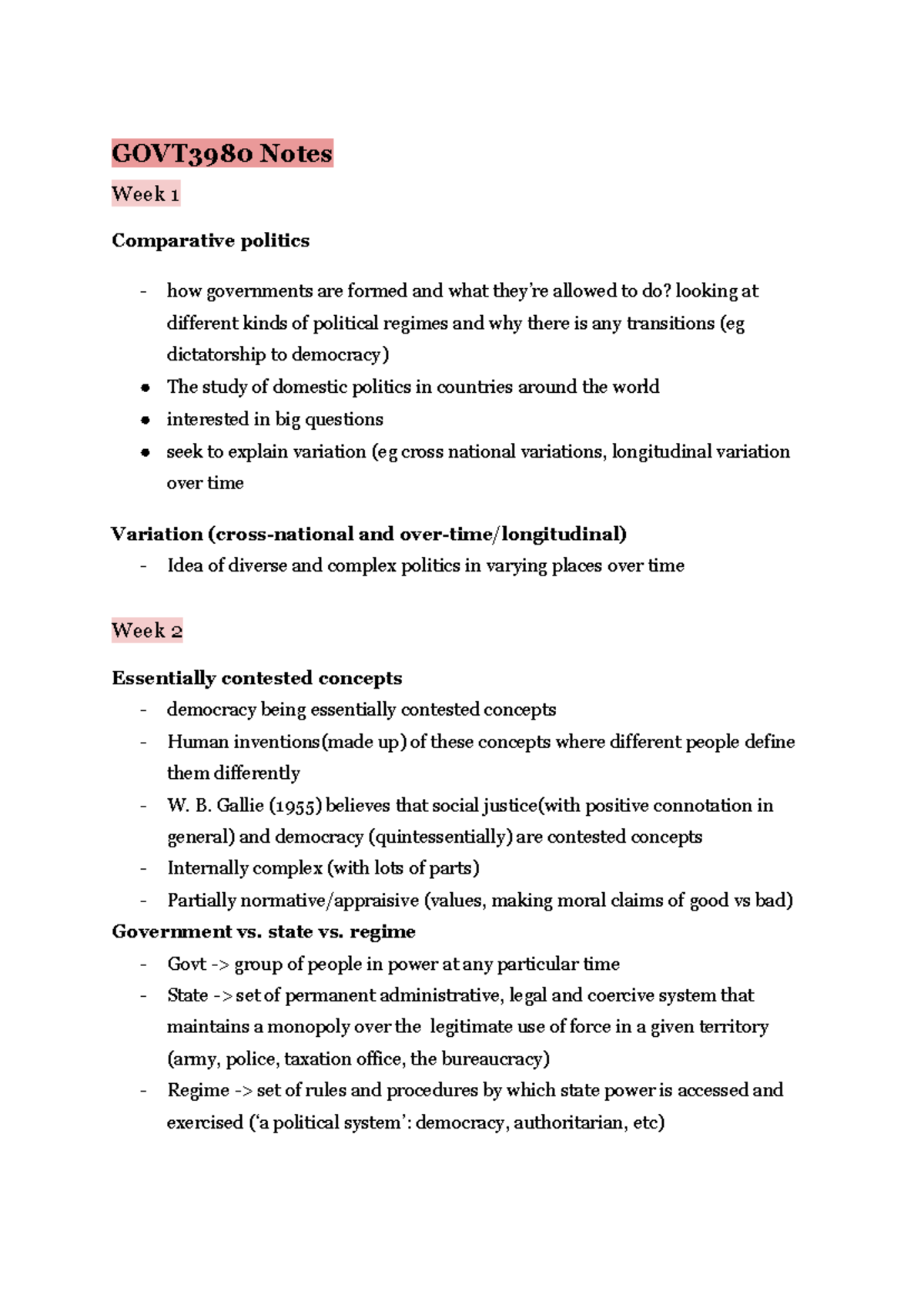 GOVT3980 Notes - GOVT3980 Notes Week 1 Comparative politics - how ...