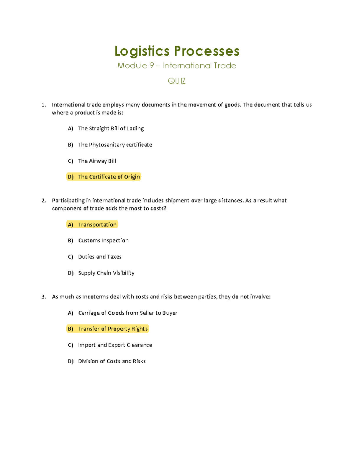 LP Quiz 09 - International Trade - Logistics Processes Module 9 ...