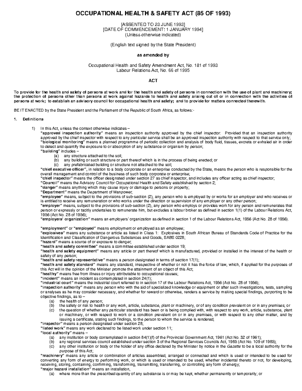 Occupational Health And Safety Act Occupational Health And Safety Act 85 Of 1993 Assented To 