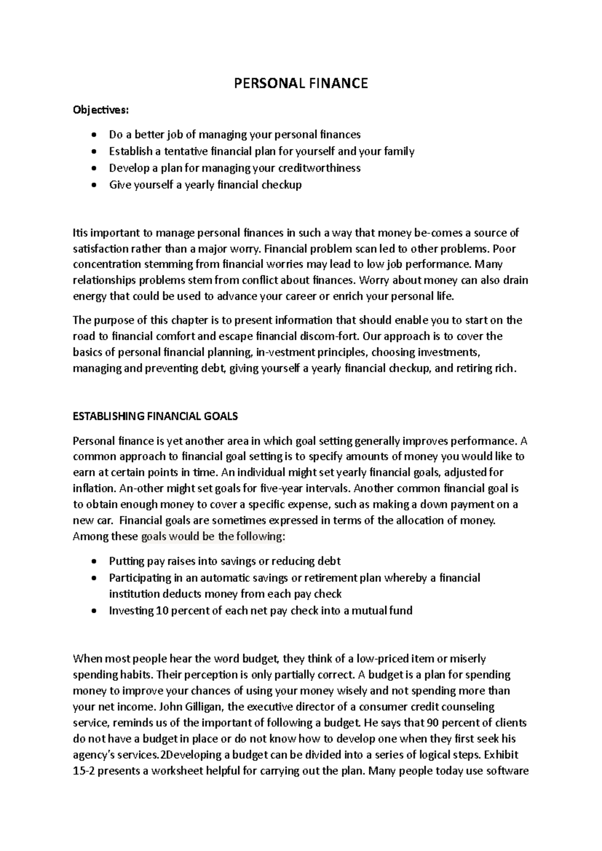 Personal Finance - PERSONAL FINANCE Objectives: - Do a better job of ...