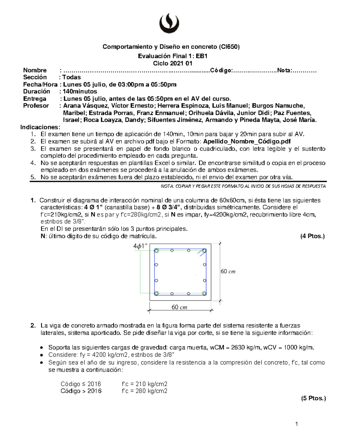 EB1 CA 2021 01 - EXAMEN FINAL - Comportamiento Y Diseño En Concreto ...