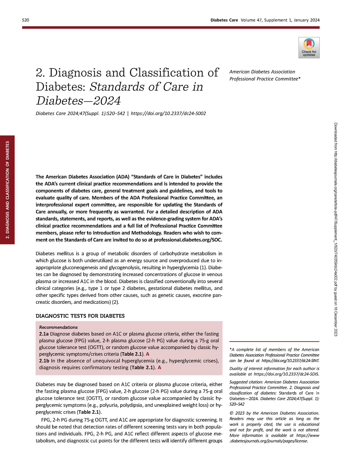 Diagnostico de Diabetes ADA 2024 2. Diagnosis and Classification of