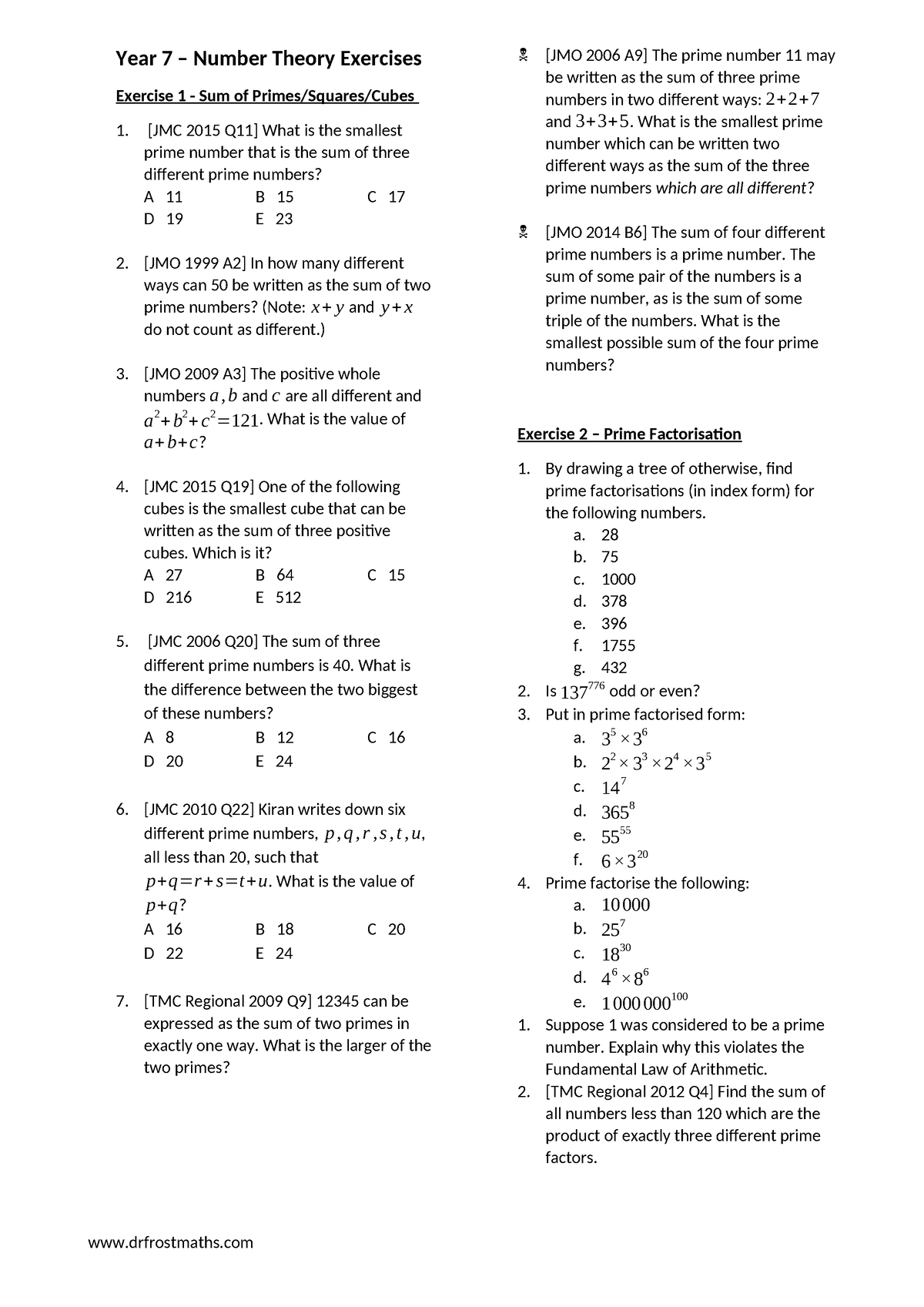 Yr7-number Theory - Year 7 – Number Theory Exercises Exercise 1 - Sum 