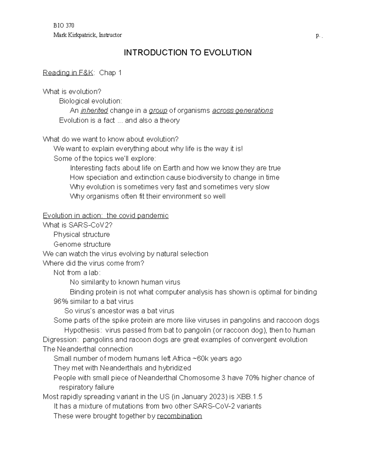 1) Intro outline notes BIO 370 Mark Kirkpatrick, Instructor p