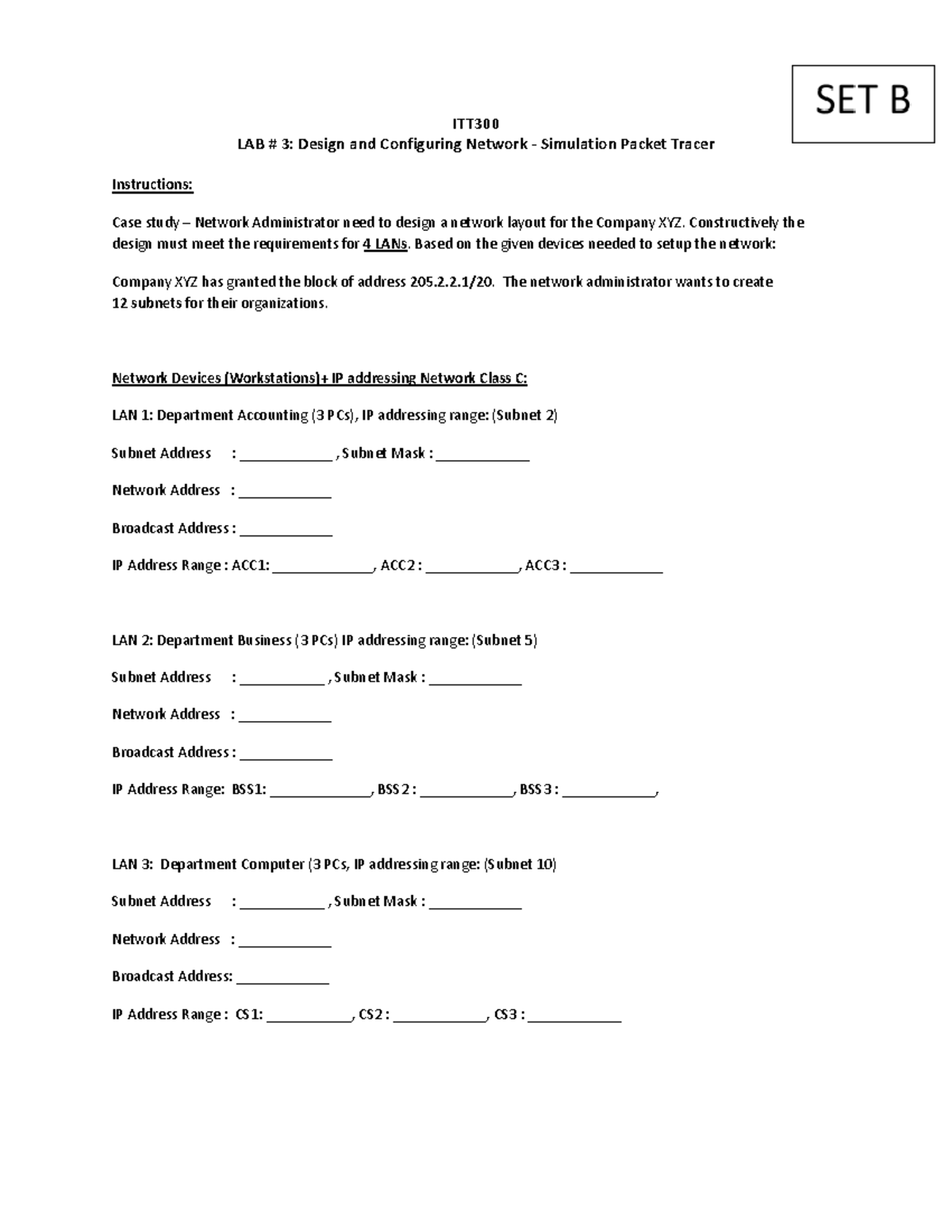 Tutorial ITT300 Network Design Question SET B ITT LAB 3 Design and