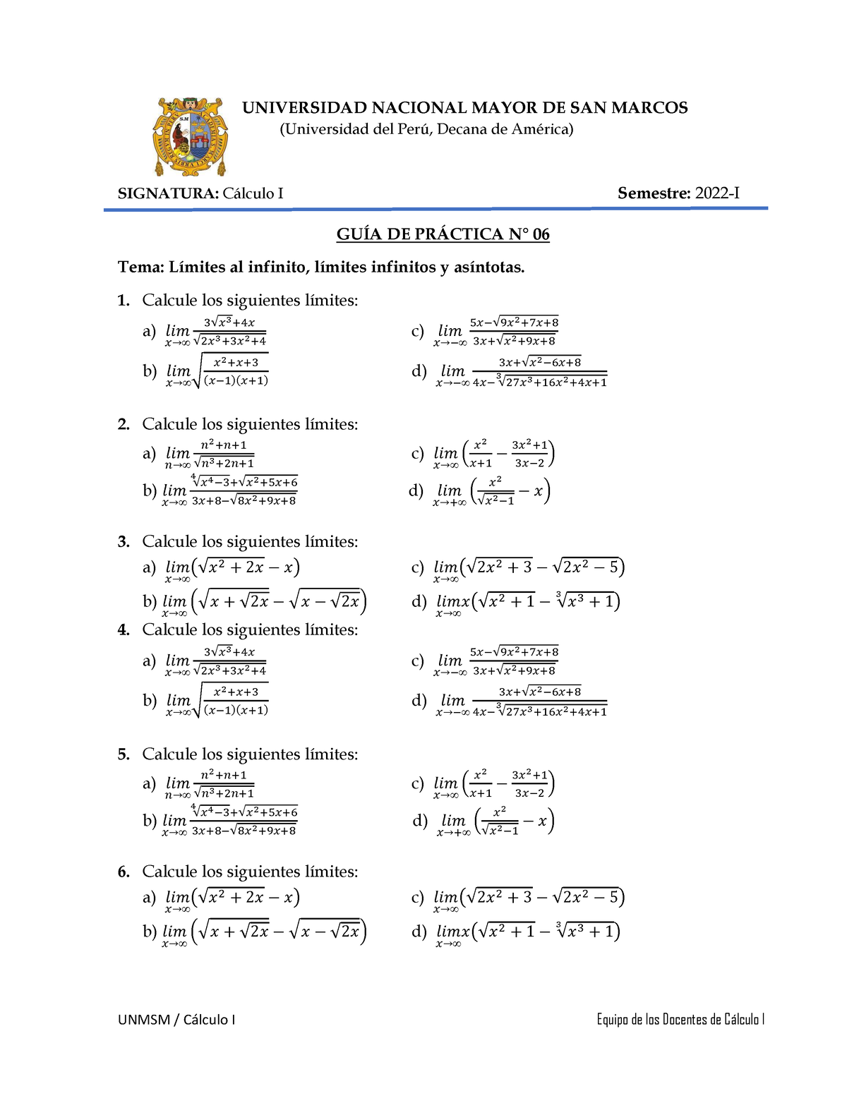 Guia De Practica N6 Calculo I 2022-1 - UNMSM / C·lculo I Equipo De Los ...