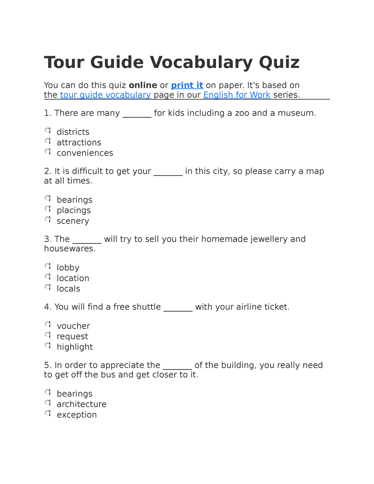 tour guide vocabulary quiz