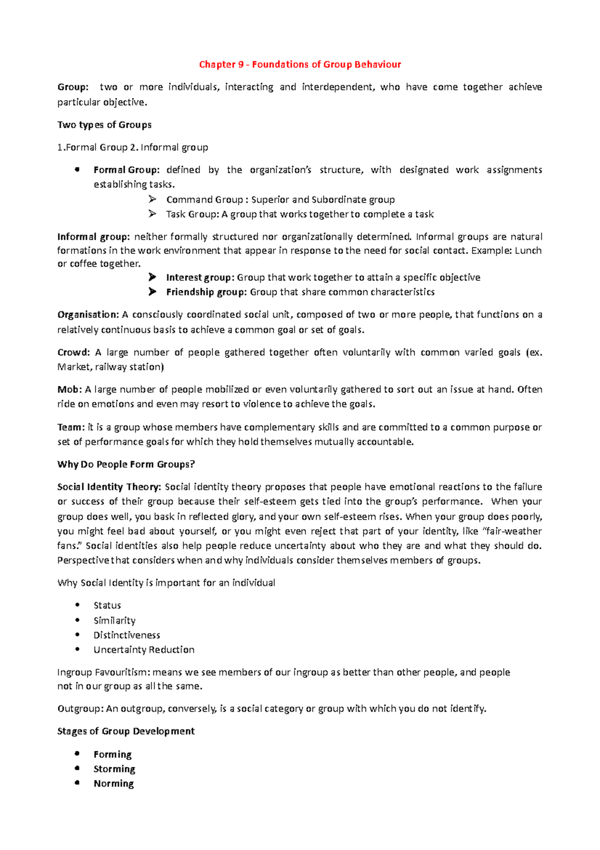 Exam Notes - Covers major chapters of OB - Chapter 9 - Foundations of ...