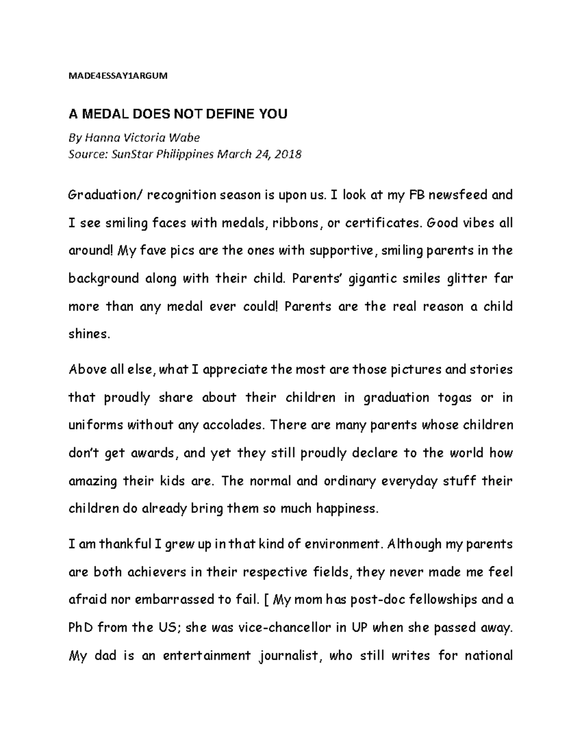 Argumentative essay - MADE4ESSAY1ARGUM A MEDAL DOES NOT DEFINE YOU By ...
