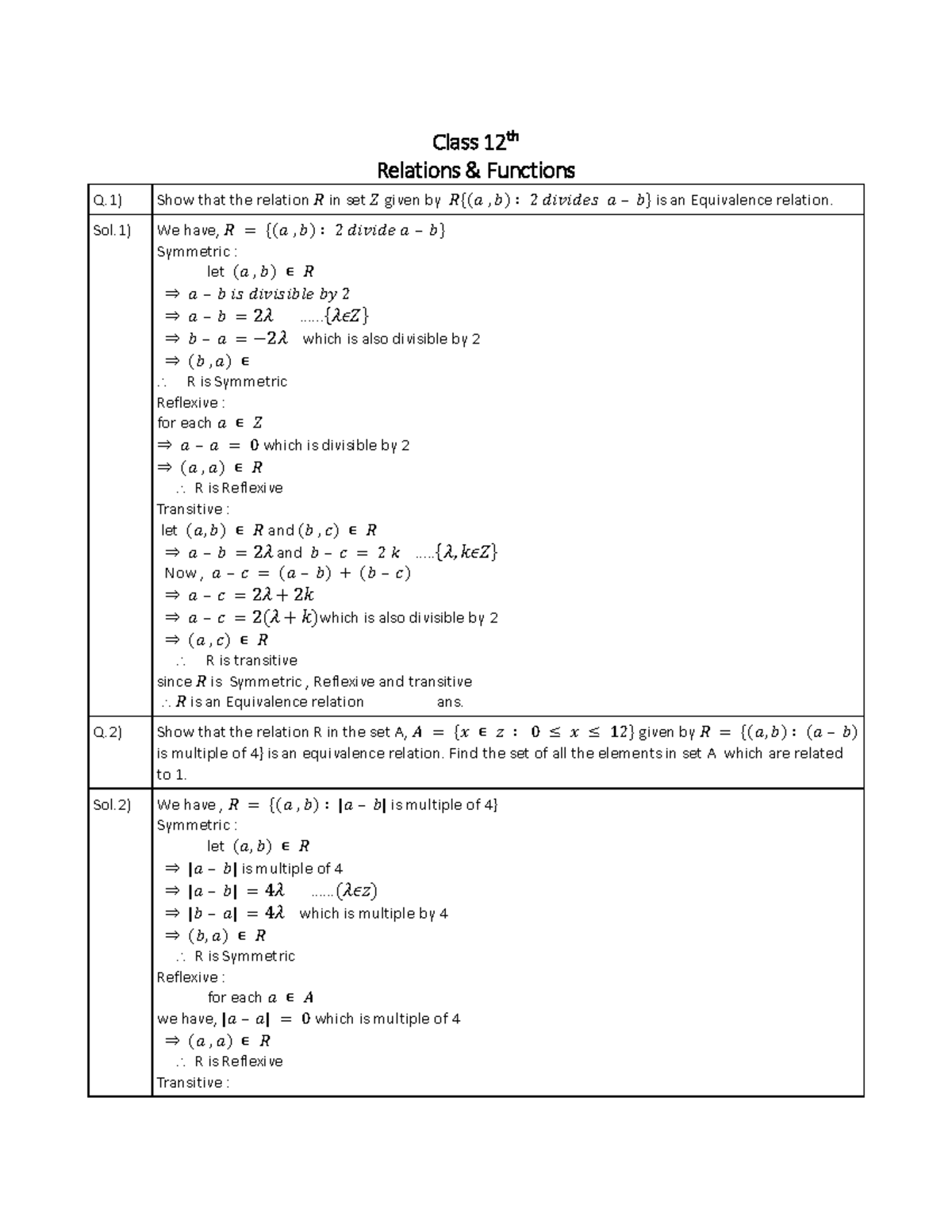 Maths Worksheet Class 12