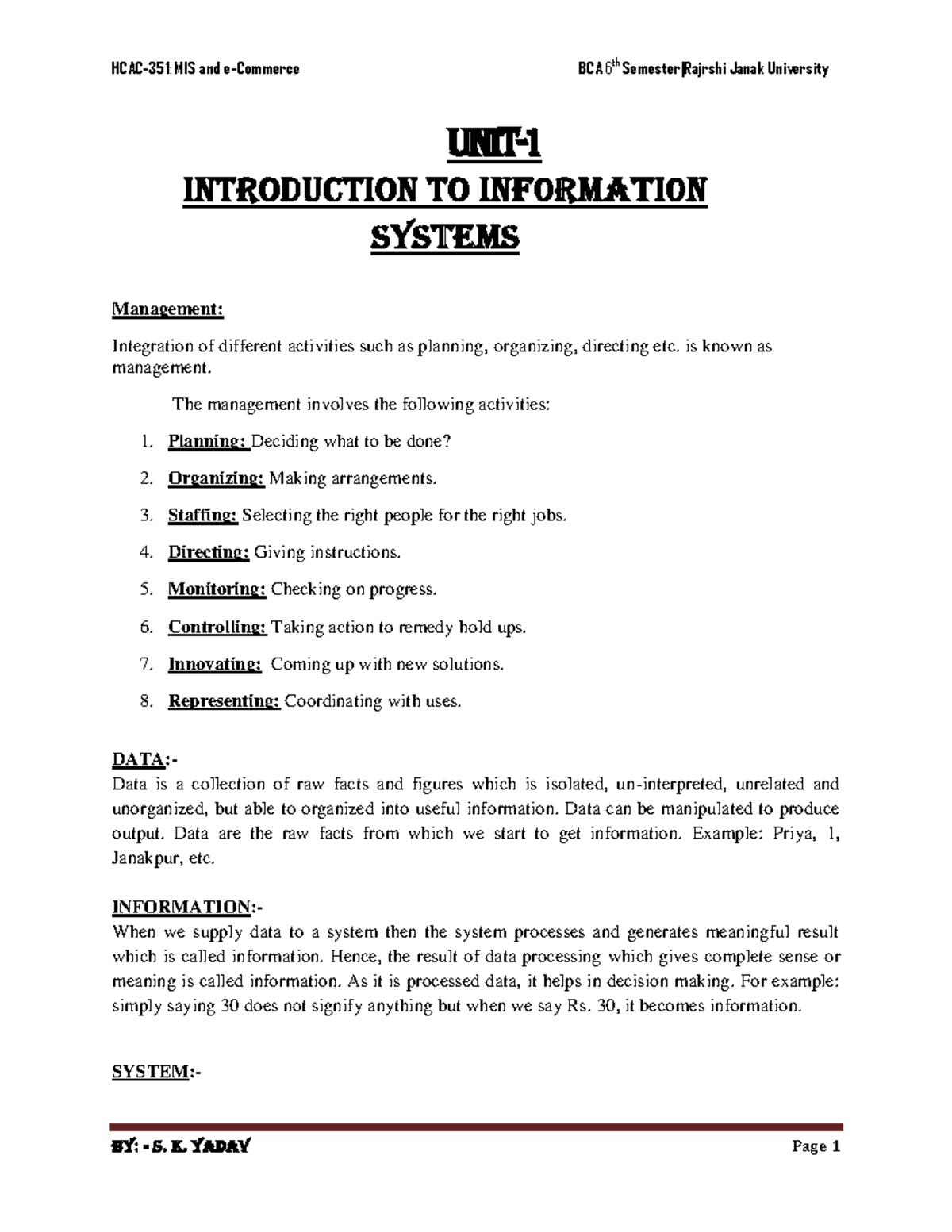 Unit-1(Introduction to Information Systems) - Unit- 1 Introduction to ...