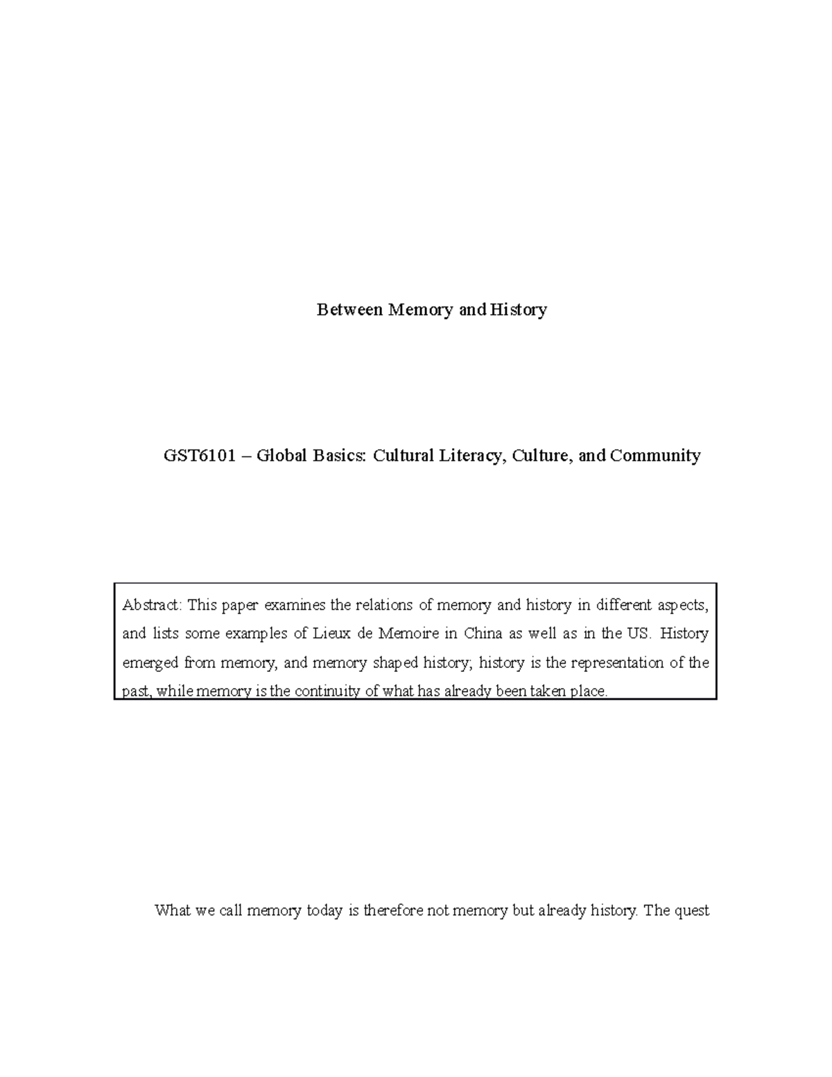 Between Memory and History 2 Between Memory and History GST6101