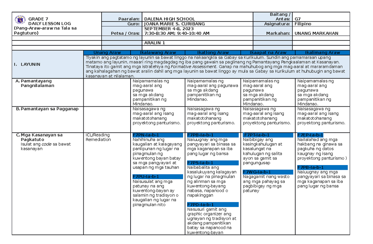 FILIPINO 7 Aralin 1 - GRADE 7 DAILY LESSON LOG (Pang-Araw-araw na Tala ...