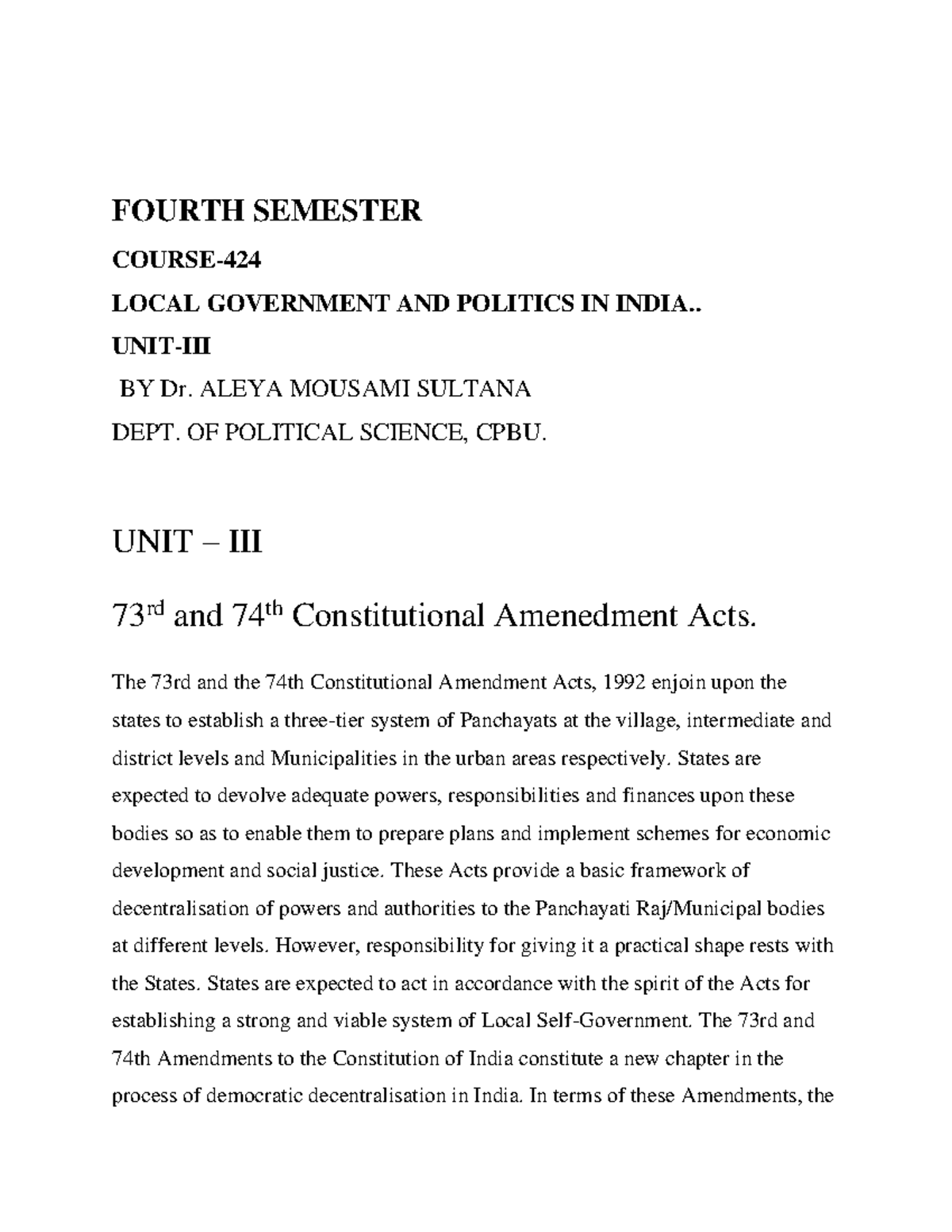 73rd And 74th-converted Amendments Of Constitution - FOURTH SEMESTER ...