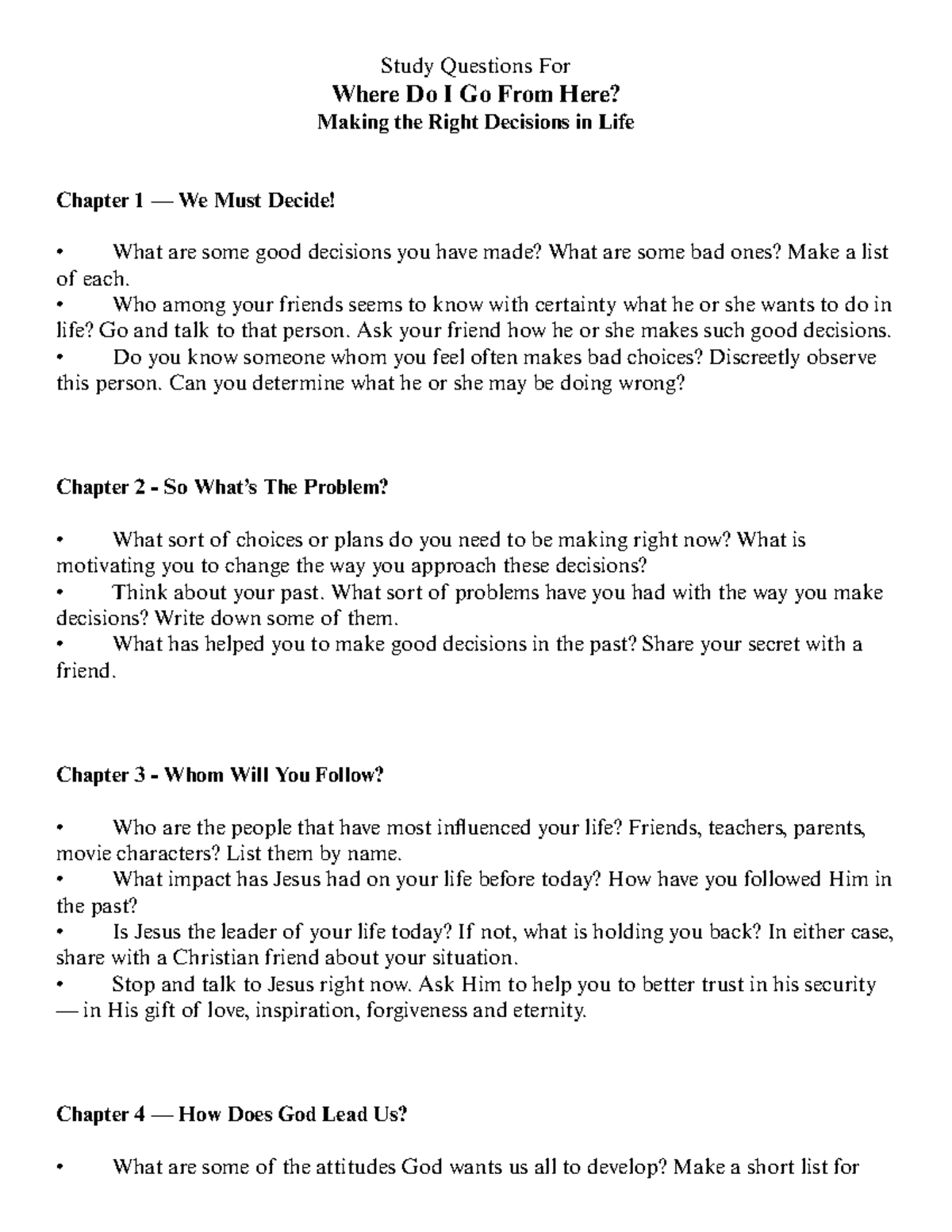 Study Guides - Where Do I Go From Here (Study Guide) - Study Questions ...