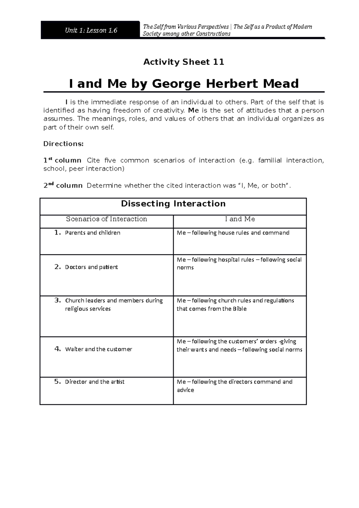 Activity Sheet 11 I and Me by Herbert Mead Unit 1 Lesson 1