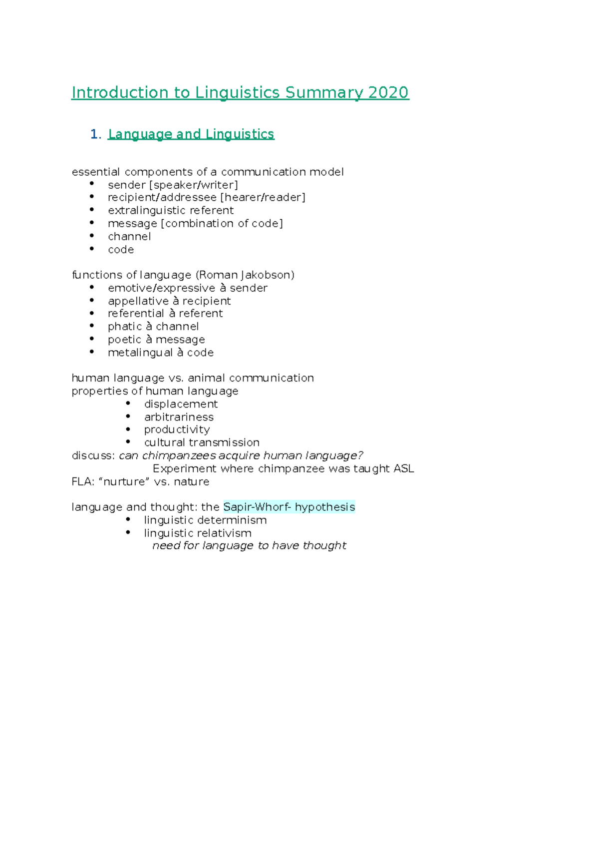 Introduction to Linguistics Lecture Notes 2020 - Introduction to ...