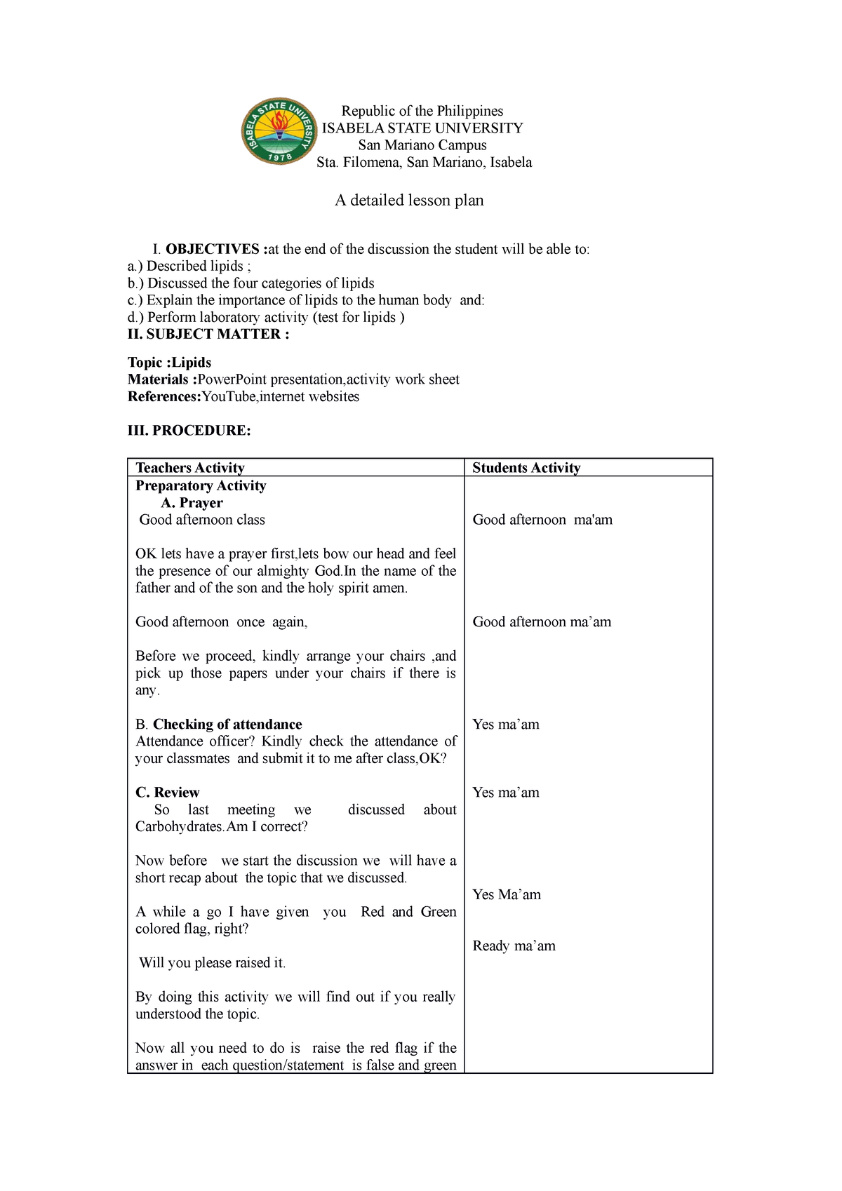 PRE -DEMO Lipids - predemo - Republic of the Philippines ISABELA STATE ...