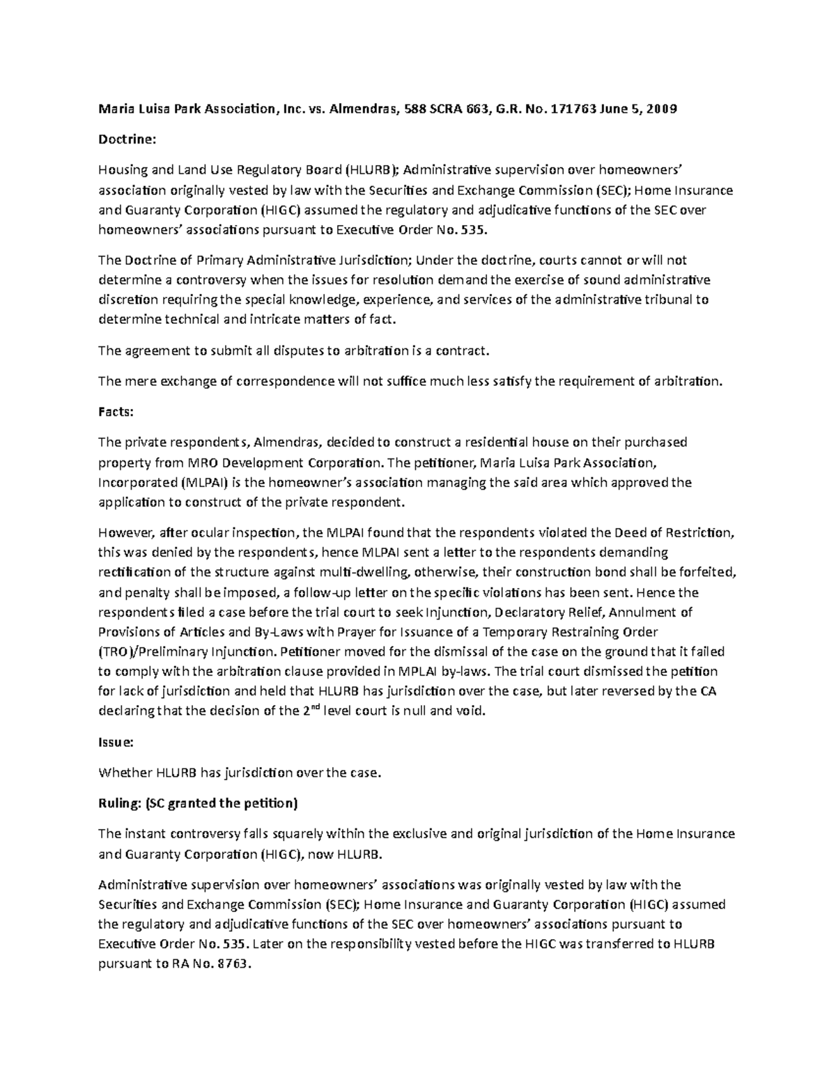 Primary Administrative Jurisdiction Maria Luisa Park Association, Inc