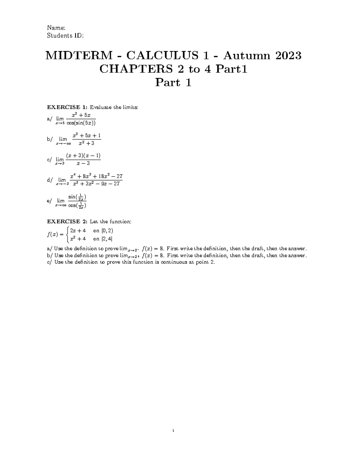 A2023 Cal1 midterm ch2to4Part1 - Name: Students ID: MIDTERM - CALCULUS ...