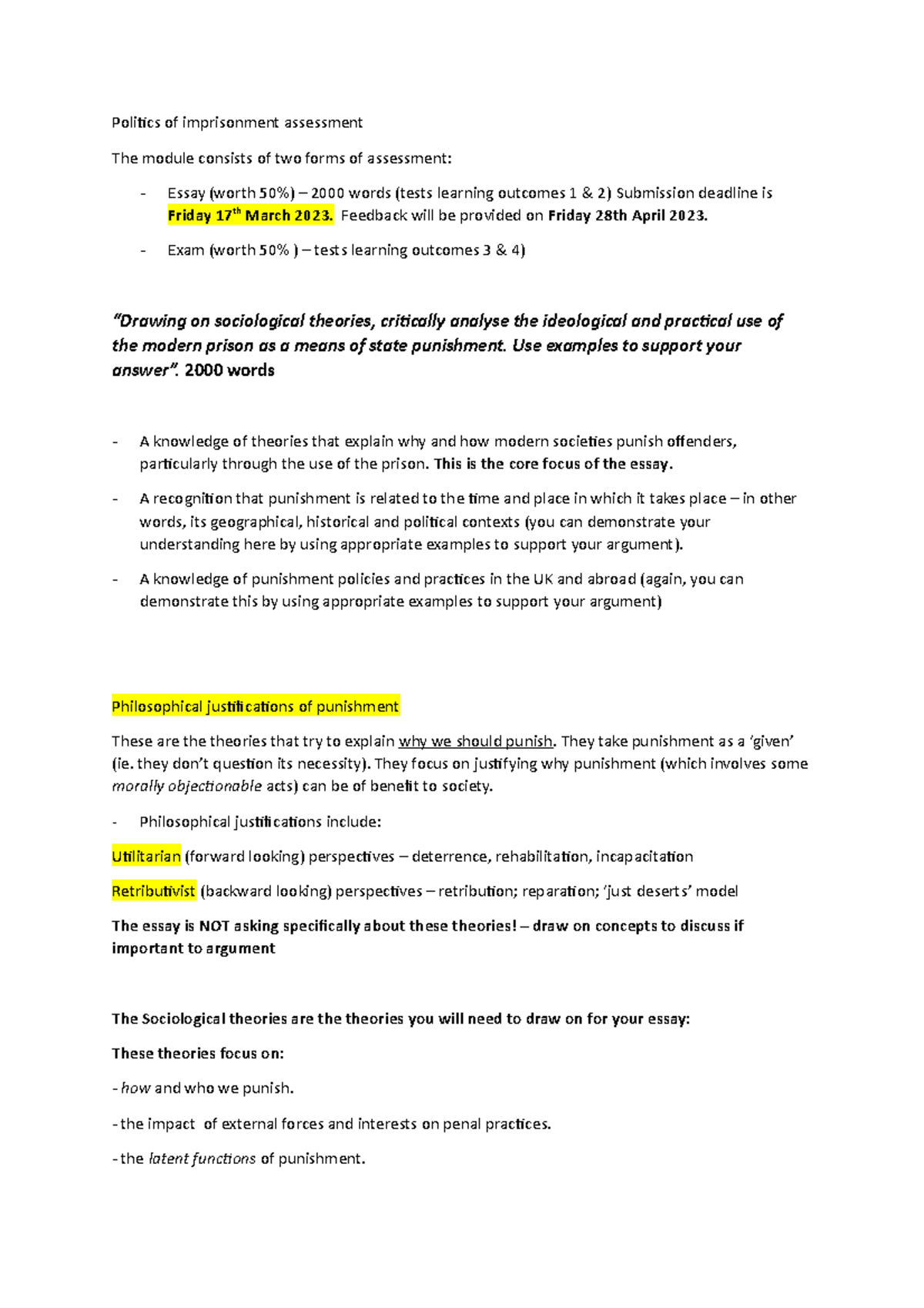 Essay guidance - criminology - Politics of imprisonment assessment The ...