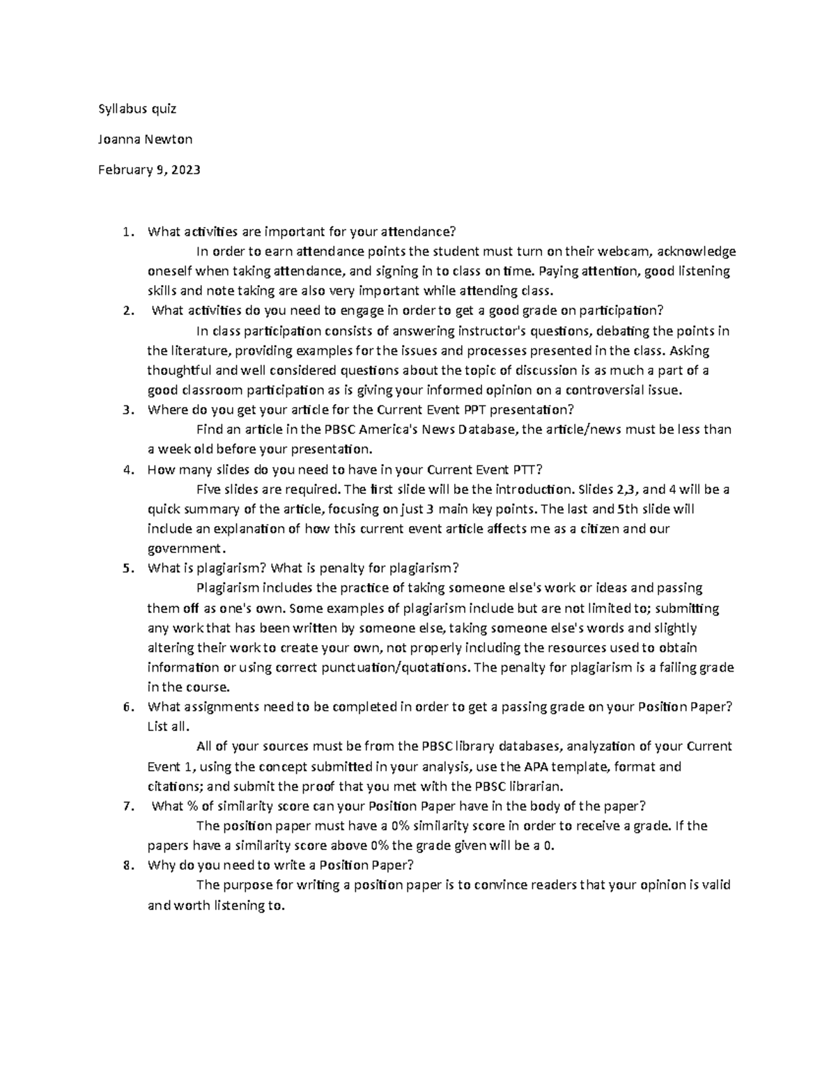 Syllabus quiz Syllabus quiz Joanna Newton February 9, 2023 What activities are important for