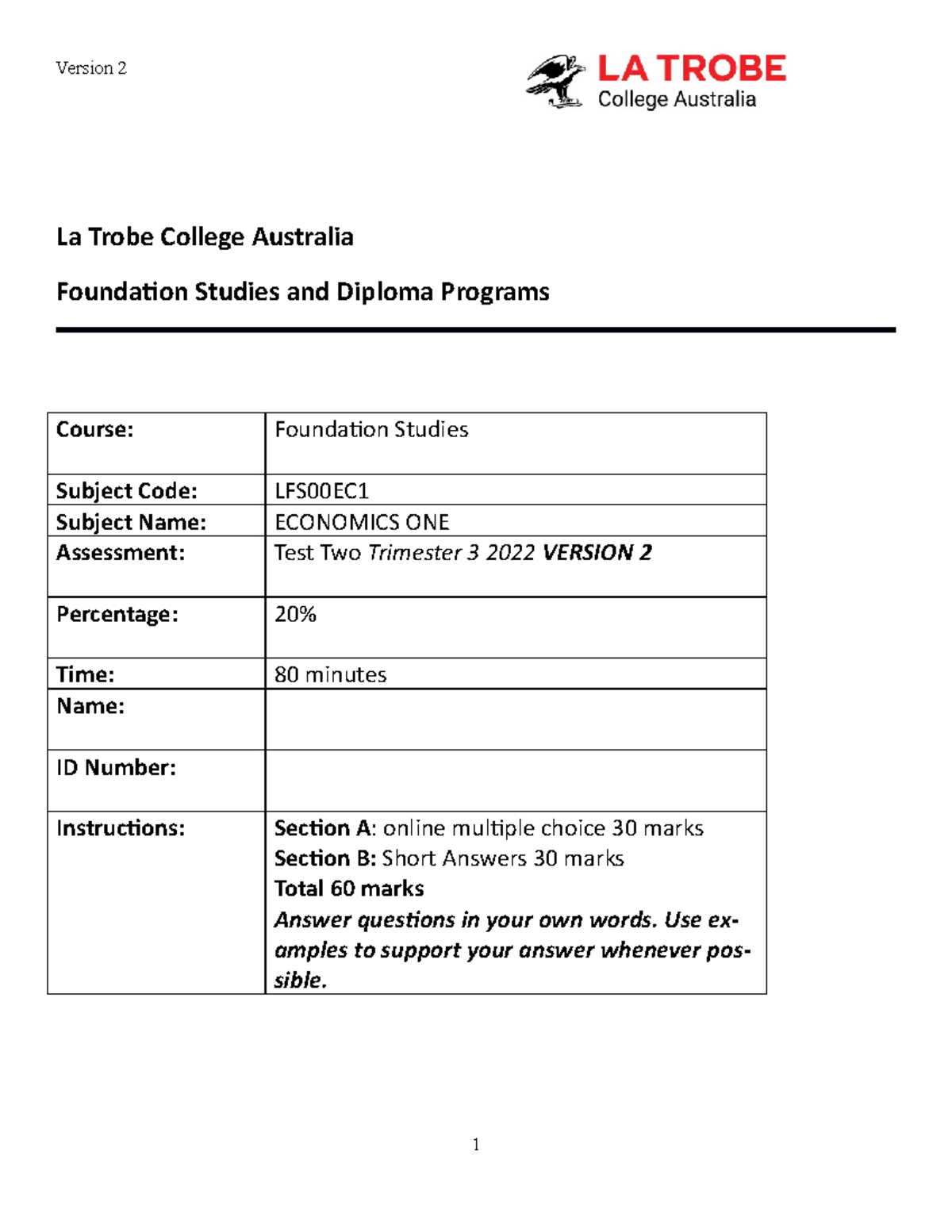 Test two 202203 version two - La Trobe College Australia Foundation ...