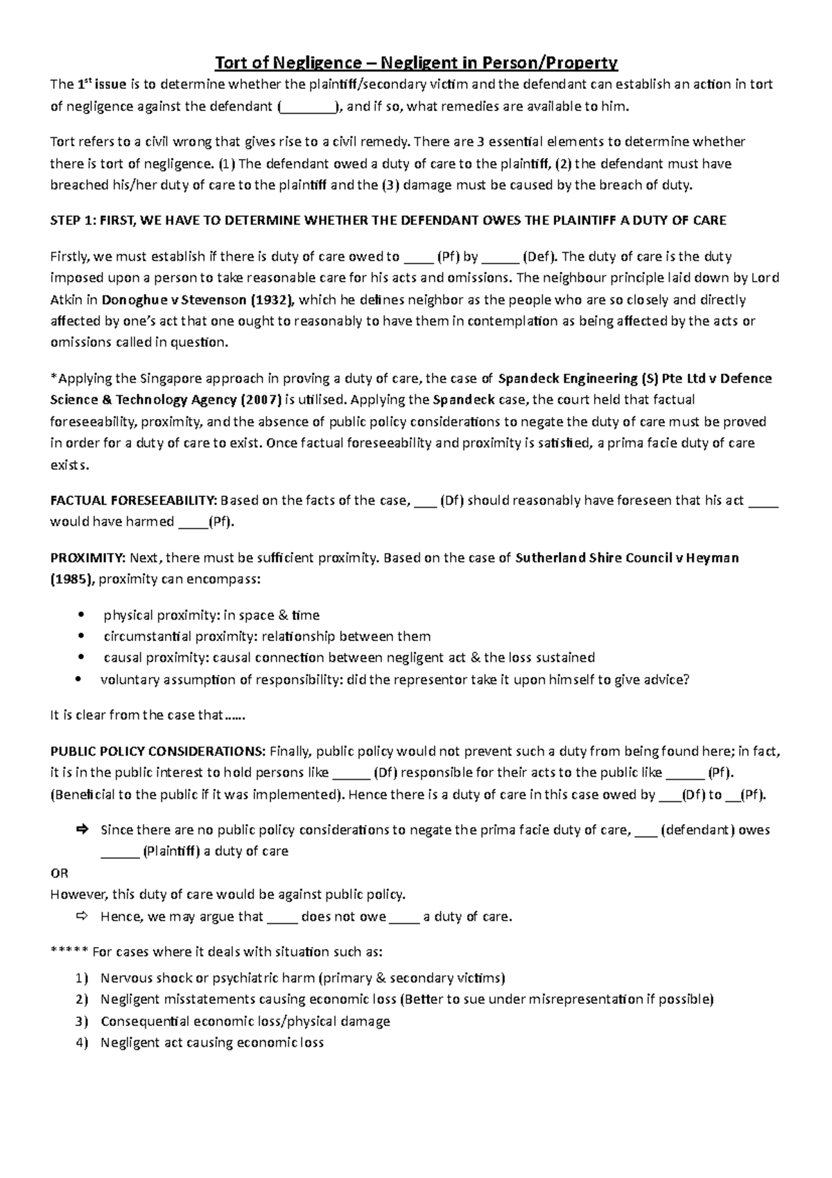 TORT template - Tort of Negligence – Negligent in Person/Property The 1 ...