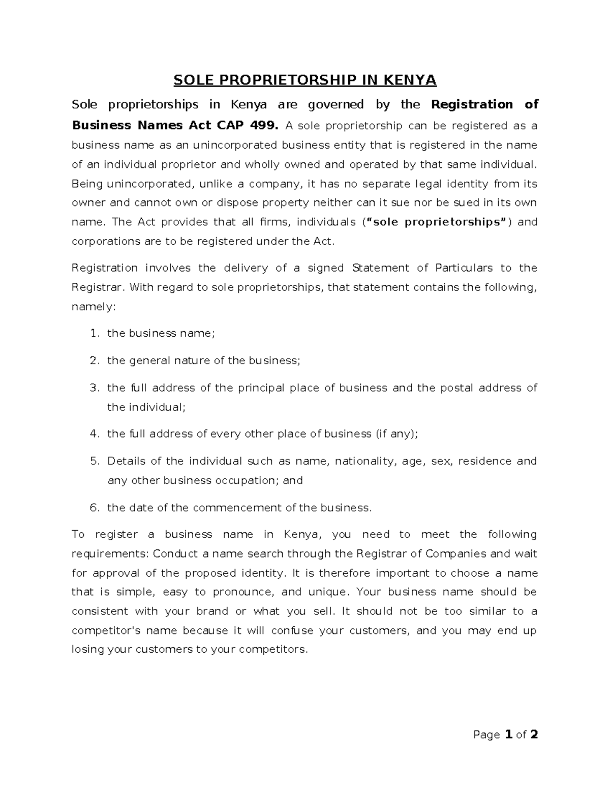 Sole Proprietorship SOLE PROPRIETORSHIP IN KENYA Sole proprietorships