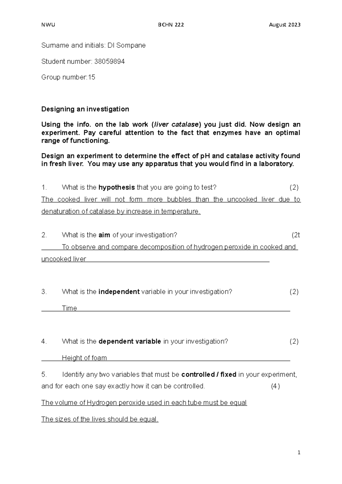 Practical+6+-+Catalase+Worksheet - NWU BCHN 222 August 2023 Surname and ...
